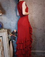 Vintage Burgundy Mermaid Deep V-Neck Layered Ruffle Chiffon Long Classy Prom Dress