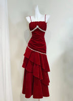 Vintage Burgundy Mermaid Spaghetti Strap Ruffle Velvet Classy Prom Dress