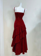 Vintage Burgundy Mermaid Spaghetti Strap Ruffle Velvet Classy Prom Dress