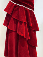 Vintage Burgundy Mermaid Spaghetti Strap Ruffle Velvet Classy Prom Dress