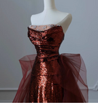 Vintage Burgundy Mermaid Strapless Tulle Sequined Train Classy Prom Dress