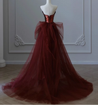 Vintage Burgundy Mermaid Strapless Tulle Sequined Train Classy Prom Dress