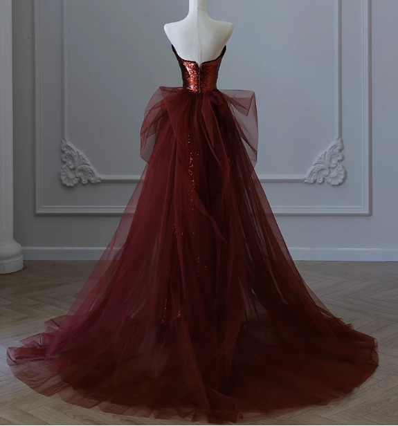 Vintage Burgundy Mermaid Strapless Tulle Sequined Train Classy Prom Dress