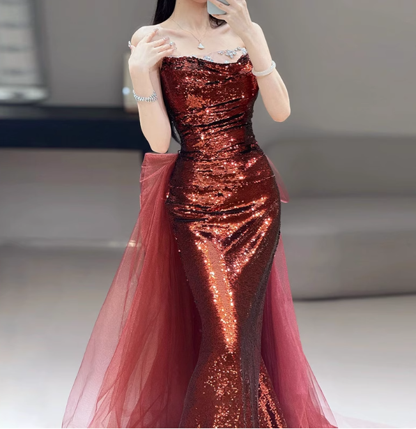 Vintage Burgundy Mermaid Strapless Tulle Sequined Train Classy Prom Dress