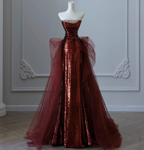 Vintage Burgundy Mermaid Strapless Tulle Sequined Train Classy Prom Dress Main image