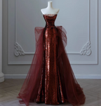 Vintage Burgundy Mermaid Strapless Tulle Sequined Train Classy Prom Dress