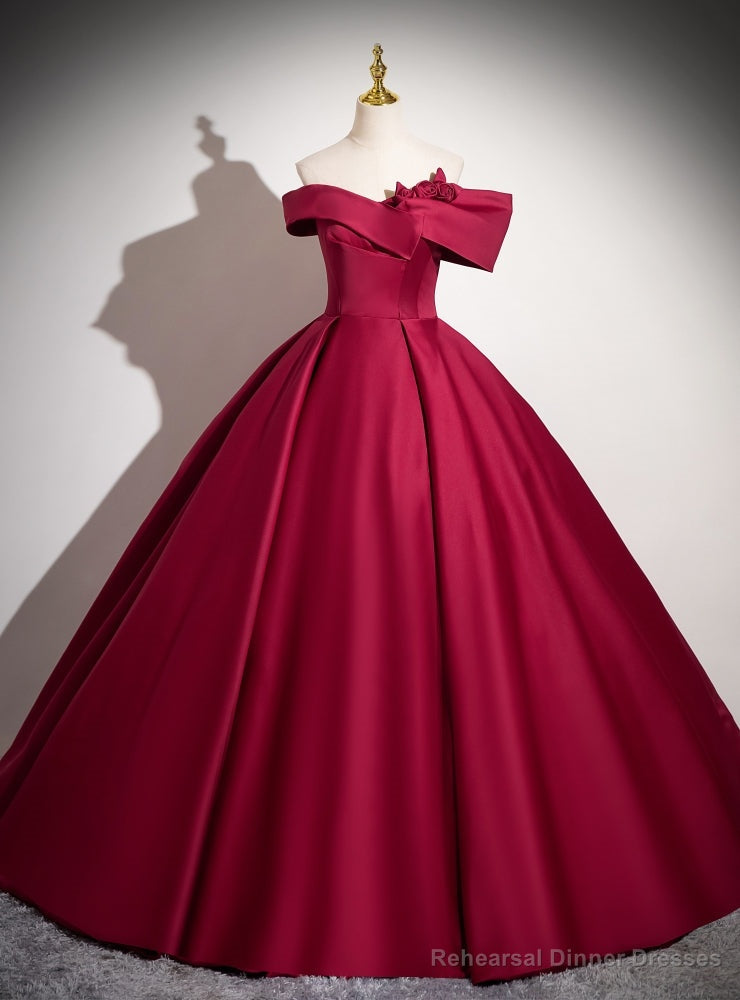 Vintage Burgundy Satin Off the Shoulder Flower Prom Dress Main image