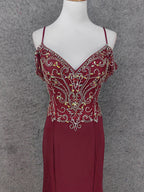 Vintage Burgundy Spaghetti Strap V-Neck Beaded Chiffon Long Classy Prom Dress