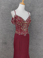 Vintage Burgundy Spaghetti Strap V-Neck Beaded Chiffon Long Classy Prom Dress