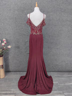 Vintage Burgundy Spaghetti Strap V-Neck Beaded Chiffon Long Classy Prom Dress