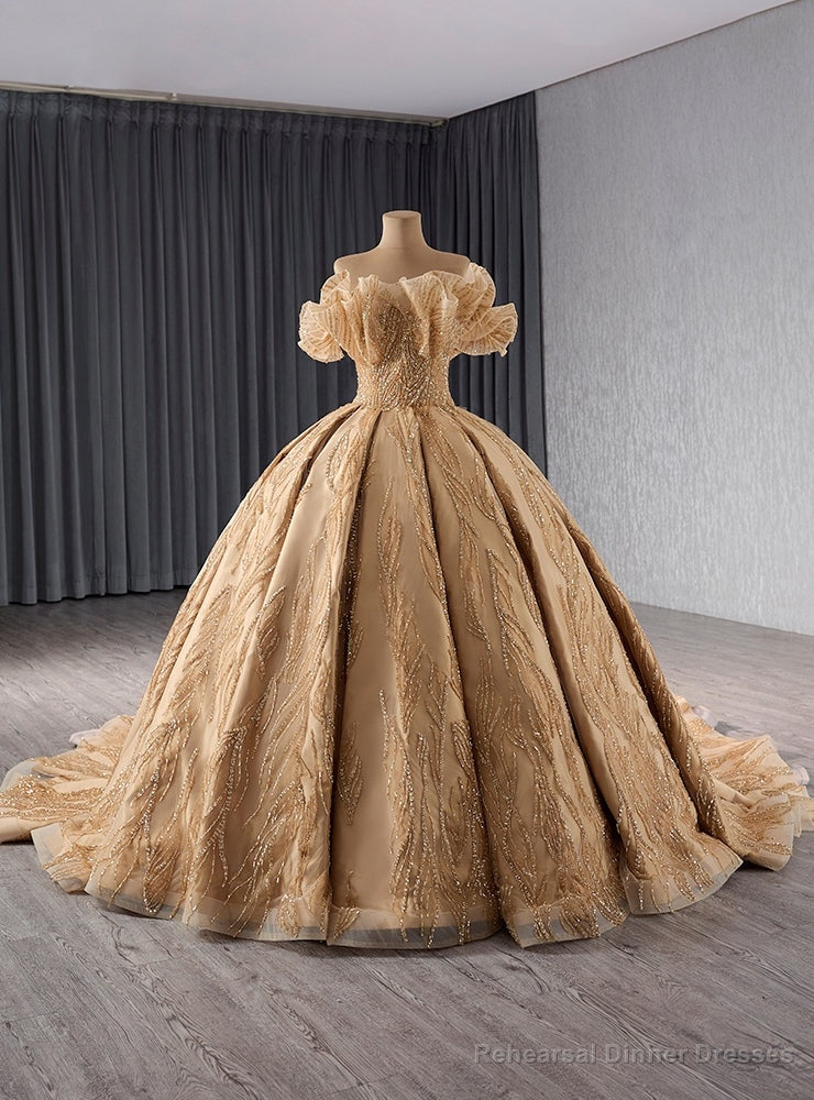 Vintage Champagne Ball Gown Tulle Sequins Off the Shoulder Prom Dress Main image