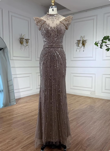 Vintage Champagne Brown Mermaid Stand Collar Shoulder Sleeve Full Diamond Sequin Tulle Long Classy Prom Dress Secondary image