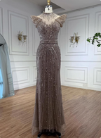 Vintage Champagne Brown Mermaid Stand Collar Shoulder Sleeve Full Diamond Sequin Tulle Long Classy Prom Dress