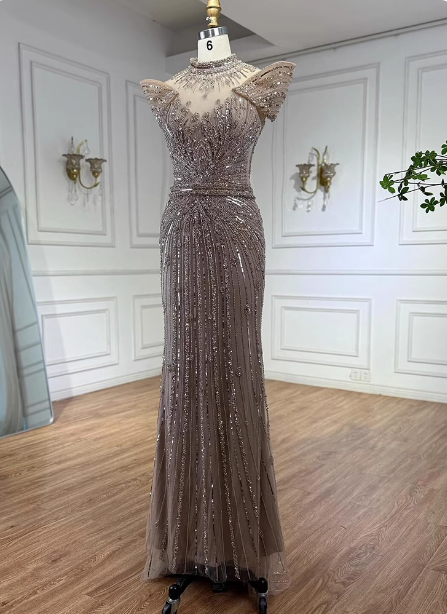 Vintage Champagne Brown Mermaid Stand Collar Shoulder Sleeve Full Diamond Sequin Tulle Long Classy Prom Dress