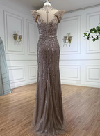 Vintage Champagne Brown Mermaid Stand Collar Shoulder Sleeve Full Diamond Sequin Tulle Long Classy Prom Dress