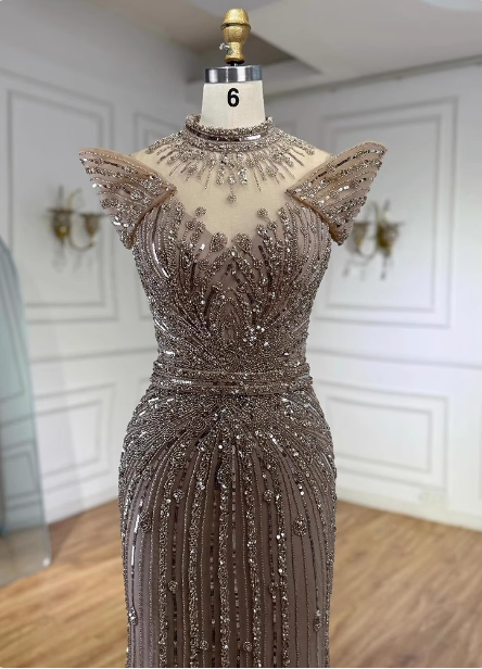 Vintage Champagne Brown Mermaid Stand Collar Shoulder Sleeve Full Diamond Sequin Tulle Long Classy Prom Dress