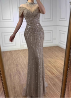 Vintage Champagne Brown Mermaid Stand Collar Shoulder Sleeve Full Diamond Sequin Tulle Long Classy Prom Dress
