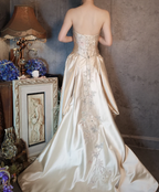 Vintage Champagne Gold A-Line Strapless Embroidered Satin Train Classy Prom Dress