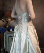 Vintage Champagne Gold A-Line Strapless Embroidered Satin Train Classy Prom Dress