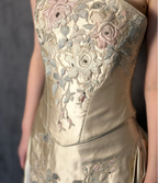 Vintage Champagne Gold A-Line Strapless Embroidered Satin Train Classy Prom Dress