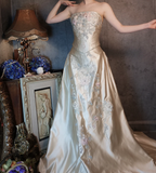 Vintage Champagne Gold A-Line Strapless Embroidered Satin Train Classy Prom Dress