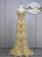 Vintage Champagne Gold Mermaid V-Neck Beaded Embroidered Tulle Long Classy Prom Dress