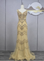 Vintage Champagne Gold Mermaid V-Neck Beaded Embroidered Tulle Long Classy Prom Dress