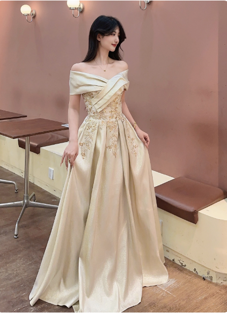 Vintage Champagne Gold Off-The-Shoulder Embroidered Satin Long Classy Prom Dress Secondary image