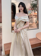 Vintage Champagne Gold Off-The-Shoulder Embroidered Satin Long Classy Prom Dress