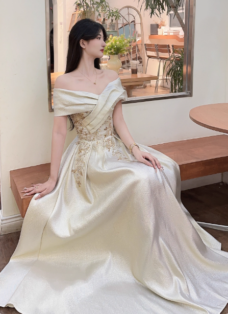 Vintage Champagne Gold Off-The-Shoulder Embroidered Satin Long Classy Prom Dress