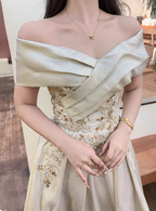 Vintage Champagne Gold Off-The-Shoulder Embroidered Satin Long Classy Prom Dress