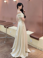 Vintage Champagne Gold Off-The-Shoulder Embroidered Satin Long Classy Prom Dress