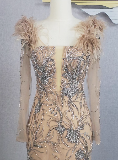 Vintage Champagne Mermaid Long Sleeve Square Neck Feather Beaded Tulle Long Classy Prom Dress