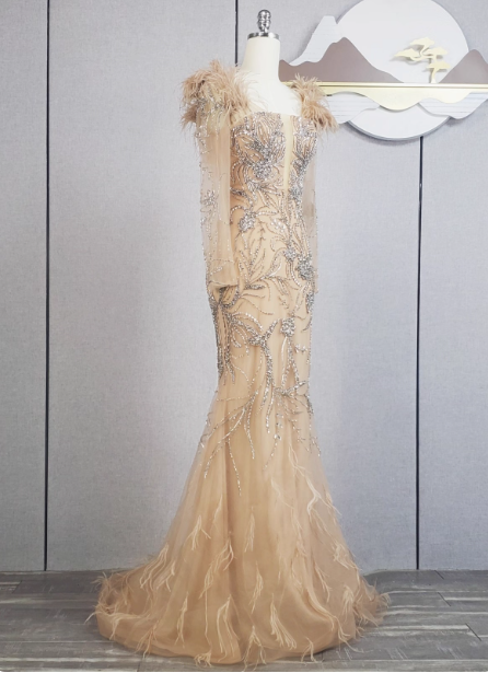 Vintage Champagne Mermaid Long Sleeve Square Neck Feather Beaded Tulle Long Classy Prom Dress