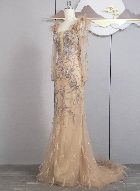 Vintage Champagne Mermaid Long Sleeve Square Neck Feather Beaded Tulle Long Classy Prom Dress