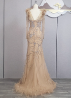 Vintage Champagne Mermaid Long Sleeve Square Neck Feather Beaded Tulle Long Classy Prom Dress