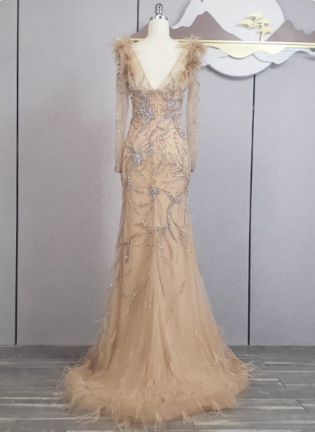 Vintage Champagne Mermaid Long Sleeve Square Neck Feather Beaded Tulle Long Classy Prom Dress