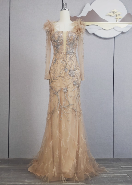Vintage Champagne Mermaid Long Sleeve Square Neck Feather Beaded Tulle Long Classy Prom Dress Main image