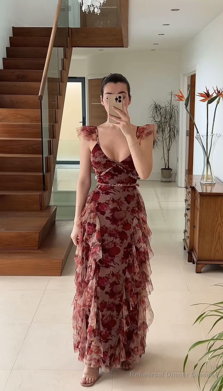 Vintage Chiffon Print Irregular Ruffles Long Prom Dress A Line Evening Party Dress Main image