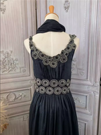 Vintage Court Black Embroidery Circular Pattern Black Diamond Chiffon Long Classy Prom Dress