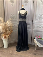 Vintage Court Black Embroidery Circular Pattern Black Diamond Chiffon Long Classy Prom Dress