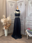 Vintage Court Black Embroidery Circular Pattern Black Diamond Chiffon Long Classy Prom Dress