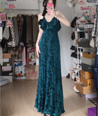 Vintage Court Dark Green V-Neck Ruffled Long Classy Prom Dress