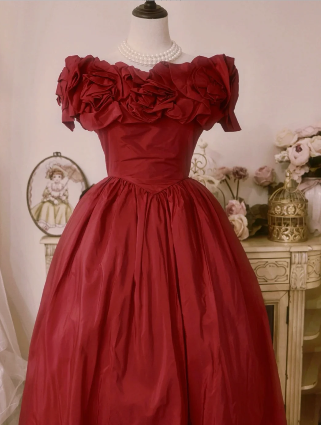 Vintage Court Red Bow Off-The-Shoulder Satin Ball Gown Prom Dress