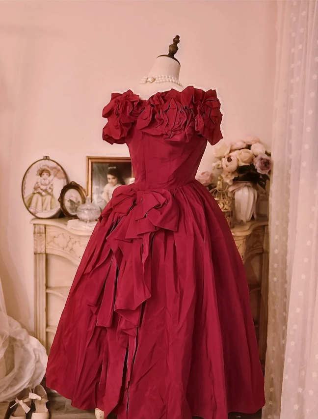 Vintage Court Red Bow Off-The-Shoulder Satin Ball Gown Prom Dress