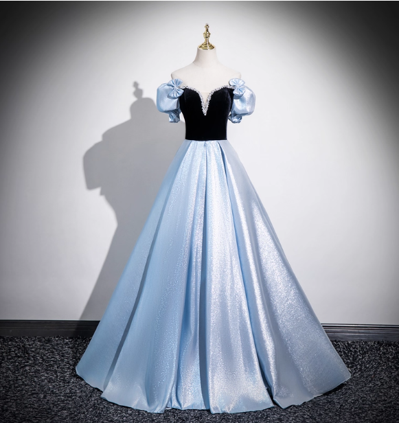 Vintage Court Blue Off-Shoulder Bow Velvet Satin Long Ball Gown Prom Dress Sweet 16 Dress Secondary image
