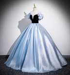Vintage Court Blue Off-Shoulder Bow Velvet Satin Long Ball Gown Prom Dress Sweet 16 Dress