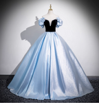 Vintage Court Blue Off-Shoulder Bow Velvet Satin Long Ball Gown Prom Dress Sweet 16 Dress