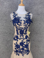 Vintage Cream Navy Mermaid Crew Neck Sleeveless Embroidered Tulle Long Classy Prom Dress