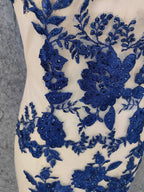 Vintage Cream Navy Mermaid Crew Neck Sleeveless Embroidered Tulle Long Classy Prom Dress
